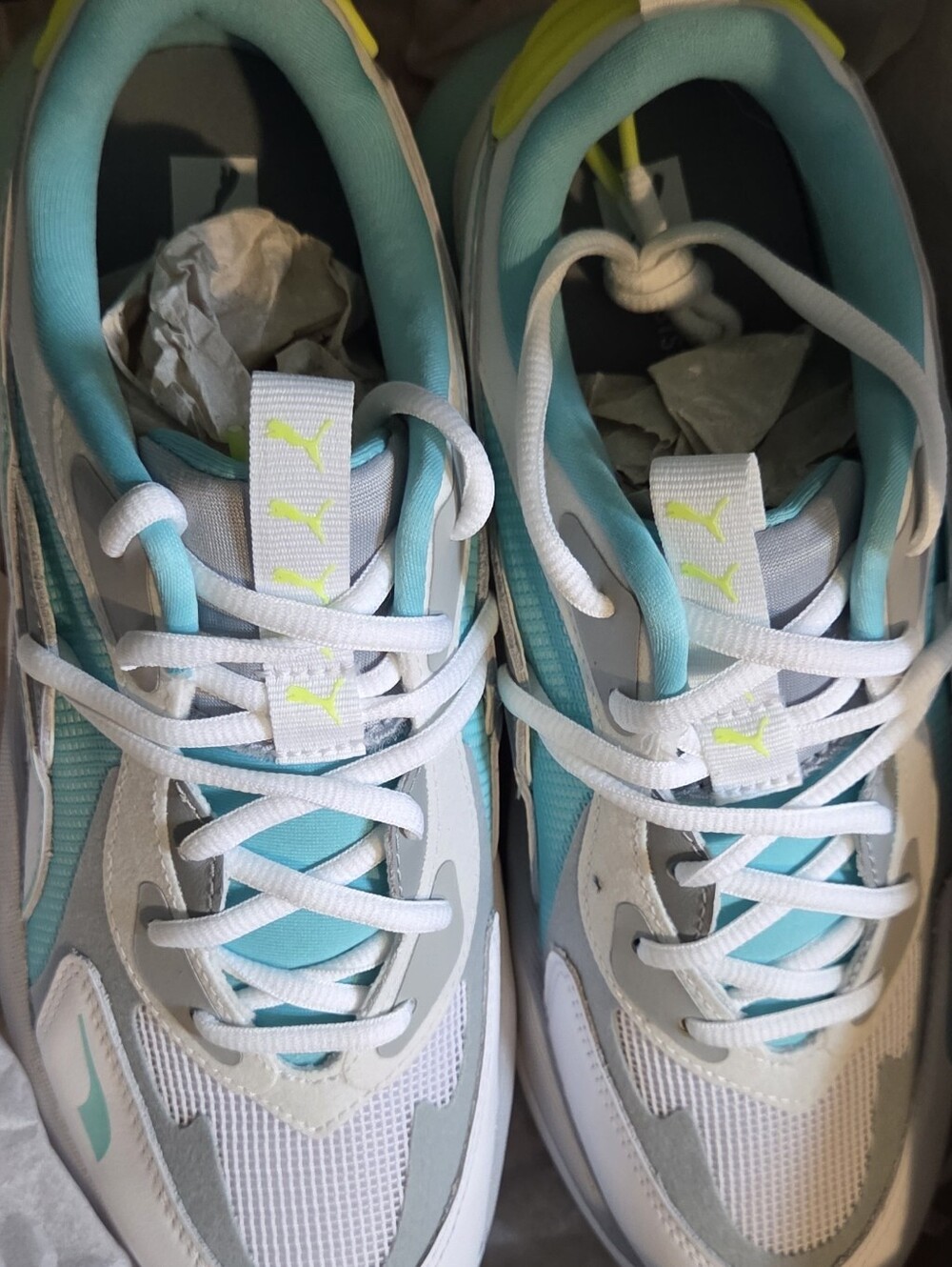 Puma White, Teal & Neon Yellow Running Sneakers
